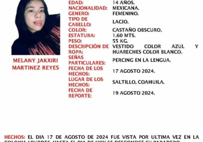 Activan protocolo Alba para localizar a Melany Martínez Reyes