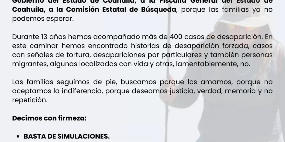 Exige FAMUN al Gobierno de Coahuila y Comisión de Búsqueda  acciones inmediatas ante explosión de desapariciones